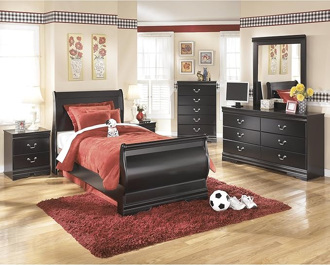Signature Design by Ashley Huey Vineyard Traditional 6-Drawer Dresser and Mirror with Safety Stop, Black