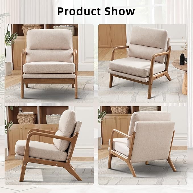 Mid Century Modern Accent Chair Set of 2, Linen Fabric Upholstered Lounge Arm Chair with Solid Wood Frame and Soft Cushion for Living Room, Bedroom, Balcony (1, Beige)