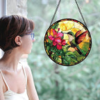 Stained Glass Suncatcher, Hummingbird Red Flowers Green Leaves Sun Catcher Stain Glass Window Hanging Decoration Mother's Day Birthday Gifts for Bird Lover Women Men Mom Nana 11.8 in