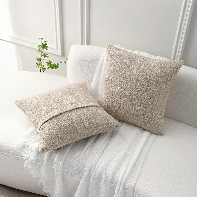 FUTEI Pack of 2 Beige Decorative Throw Pillow Covers 24x24 Inch Soft Cozy Solid Boucle Textured European Cushion Case,Modern Home Decor for Couch Bed Living Room
