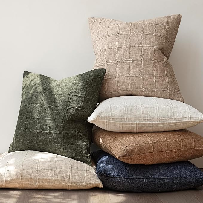 Foindtower Set of 2 Decorative Linen Check Throw Pillow Covers Neutral Farmhouse Vintage Cushion Covers Modern Coastal Boho Home Decor for Sofa Chair Couch Bedroom Living Room,26×26 Inch,Camel