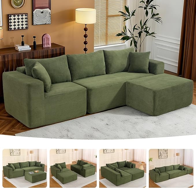 2025 New 108" Cloud Couch Sectional, Modular Sectional Sofa with L-Shaped Chaise, Deep Seat Sectional Modular Couch for Living Room, No Assembly Required (Green, Chaise Ottoman)