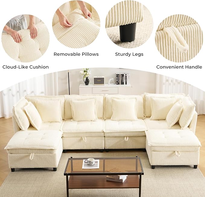 103" Modular Sectional Sofa, L-Shaped Corduroy Comfy Sectional Couches for Living Room, 3-Seater Cloud Couches with 1 Ottoman, Modern Deep Seat Sofa with Large Storage, Corduroy Beige