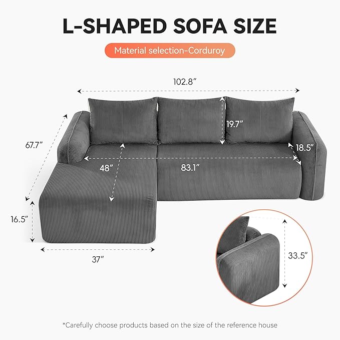103'' Boneless Corduroy L Shaped Couch, 3 Seat Modular Sectional Deep Seat Sofa with Chaise Lounge, No Assembly Cloud Lounge Sleeper Sofa, Grey