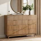 CARPETNAL Fluted 8 Drawer Dresser for Bedroom, 55" Wide Wooden Chest of Drawers with Rounded Corners, Gold Handles, Modern Storage Organizer for Bedroom, Hallway(Walnut)