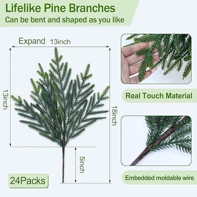24 Pcs Pine Branches Artificial Green Pine Stem - Real Touch Christmas Greenery Pines Branch for Vase DIY Crafts Flower Arrangement Home Indoor Christmas Decor(18 Inch)