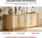LKTART 64" Sideboard Buffet Cabinet with Storage, Wooden Fluted Storage Cabinet Sideboard with Adjustable Shelves Pressed Spring Rattan Doors for Kitchen Living Room (Natural)