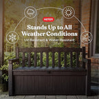 Keter Solana 70 Gallon Storage Bench Deck Box for Patio Furniture, Front Porch Decor and Outdoor Seating – Perfect to Store Garden Tools, Brown/Brown