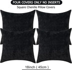 GAWAMAY Decorative Square Throw Pillow Covers 18"x18" Inch Set of 4, Super Soft Chenille Pillows Farmhouse Fall Pillowcase for Living Room Bedroom Sofa Couch Cushion Cover Black 45x45cm (No Insert)