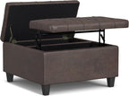 SIMPLIHOME Harrison 30 inch Wide Transitional Square Small Coffee Table Storage Ottoman in Distressed Brown Vegan Faux Leather, Assembled, for The Living Room and Bedroom