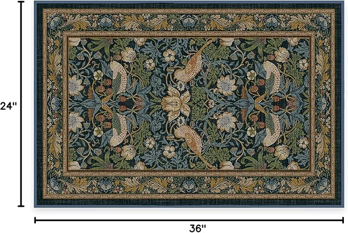 RUGGABLE x Morris & Co Machine Washable Area Rug – Strawberry Thief Indigo 2x3, Stain-Resistant, Non-Slip – Small Rugs for Living Room, Bedroom, Hallway, Entryway & Bathroom–with Cushioned Pad
