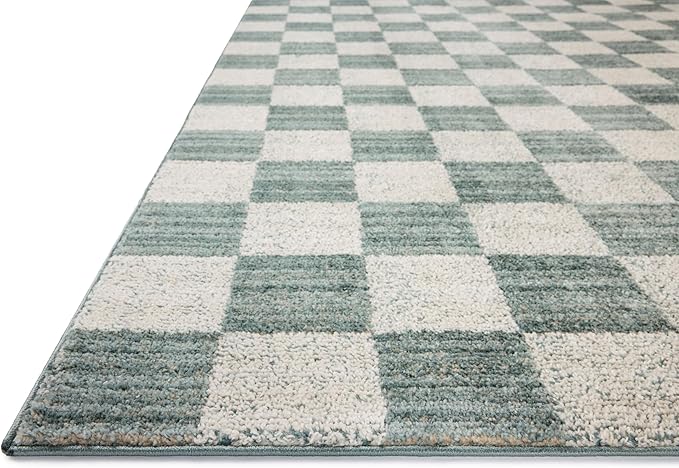 Loloi Chris Loves Julia Calvin Collection CLV-01 Blue/Ivory 3'-6" x 5'-6" Accent Rug Checkered Neutral Soft Living Room Bedroom Carpet
