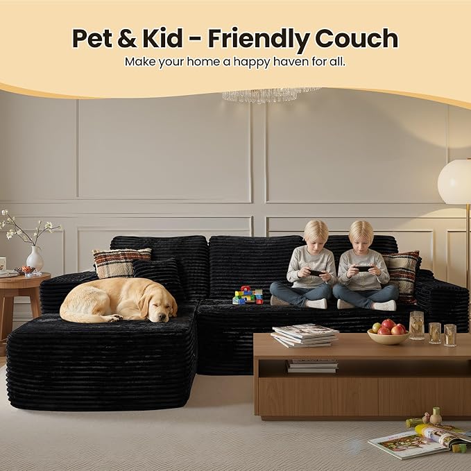 104" Cloud Sectional Couch with Chaise, Boneless L-Shaped Cloud Couch with Deep Seat, Soft Plush Modern Minimalist Sofa, Assembly Free Comfy Sofa for Office Living Room Apartment(Black, Left Chaise)