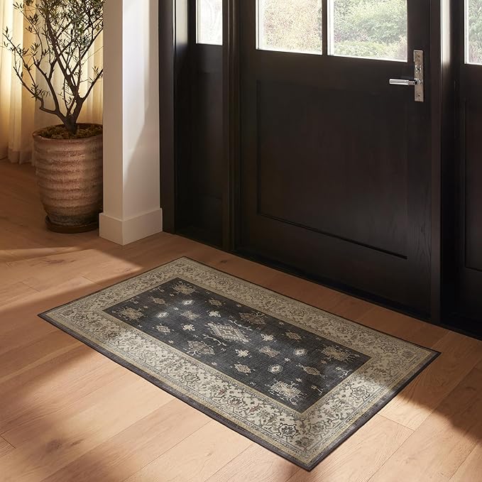 RUGGABLE Washable Vintage Area Rug – Verena Dark Wood 4x6, Stain-Resistant, Non-Slip – Medium Machine Washable Rugs for Living Room, Bedroom, Hallway, Entryway & Office–with Cushioned Pad