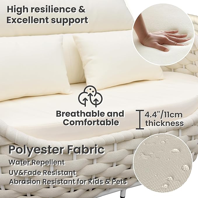 Woven Rope Outdoor Sofa Set: 5 Pieces Aluminum Patio Conversation Set Assembled - All Weather Cushioned Porch Furniture Couch - Modern Metal Lounge Set for Deck Yard Resort Hotel Sunroom, Beige