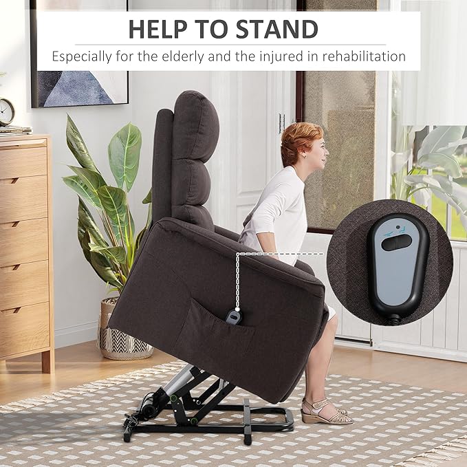 HOMCOM Power Lift Recliner Chair for Elderly, Easy Assembly, Fabric Lift Chair for Adults, Recliner Sofa with Remote Control, Side Pockets for Living Room, Brown