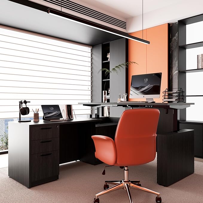 66.93'' Height Adjustable L-Shaped Executive Desk with Drawers and Shelves (Grey)