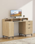 55'' Fluted Executive Desk with Drawers, Modern Home Office Computer Desk with Charging Station, File Drawer, Monitor Stand, Storage Shelf for Work Writing Study, Light Oak