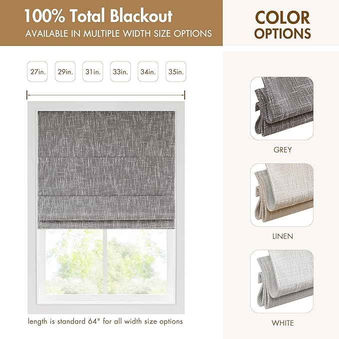 Madison Park Cordless Roman Shades, Total Blackout Window Blind Privacy Window Shades, Thermal Insulated Cordless Window Treatment for Bedroom, Living Room, Quincy, Single Panel 35" W X 64" H Grey