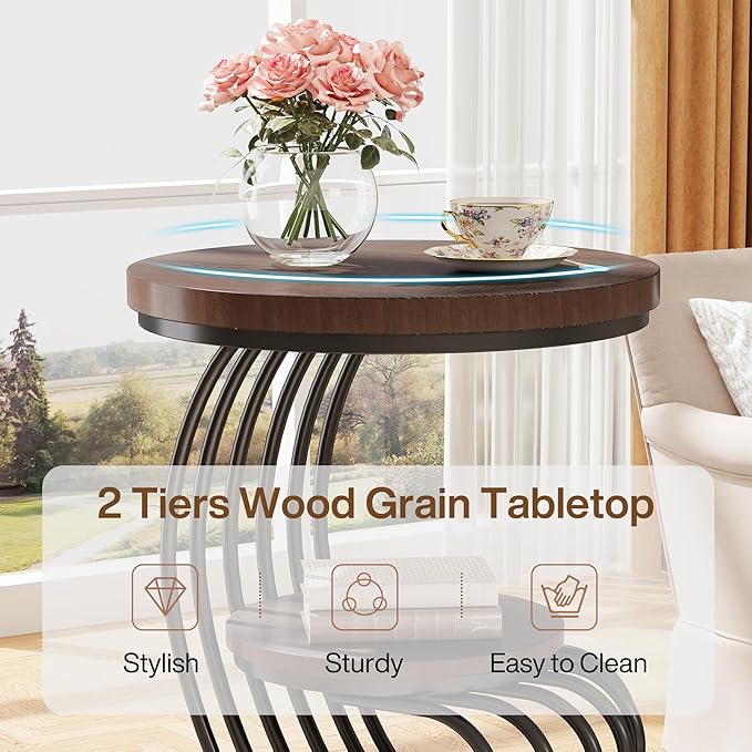 Tribesigns Round End Side Table: 2 Tiers Side Table Set of 2, Vintage End Table for Living Room, Small Bedside Table Accent Table with Arc-Shaped Frame, Rustic Brown