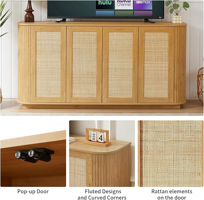 LKTART 64" Sideboard Buffet Cabinet with Storage, Wooden Fluted Storage Cabinet Sideboard with Adjustable Shelves Pressed Spring Rattan Doors for Kitchen Living Room (Natural)