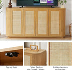 LKTART 64" Sideboard Buffet Cabinet with Storage, Wooden Fluted Storage Cabinet Sideboard with Adjustable Shelves Pressed Spring Rattan Doors for Kitchen Living Room (Natural)