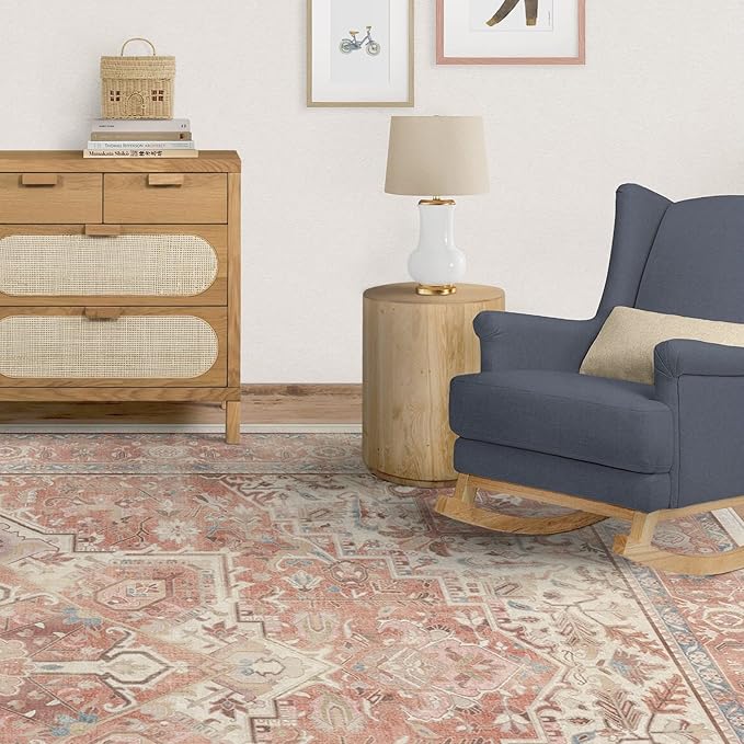 RUGGABLE Washable Area Rug – Kamran Rose Pink 10x14, Stain-Resistant, Non-Slip – Large Machine Washable Rugs for Living Room, Bedroom, Hallway, Entryway & Office–with Cushioned Pad