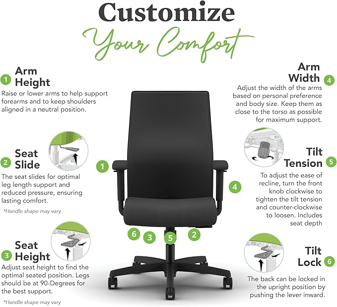HON Ignition 2.0 Mid Back Task Chair, Spectrum Mesh, Standard Synchro-Tilt Control, Office Chair with Lumbar Support, Height and Width Adjustable Arms, Black Frame, Linen