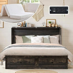 Queen Murphy Bed with 6" White Tri-Fold Memory Foam Mattress, Storage Drawer & Charging Station, Space-Saving Design for Home Office or Guest Room, Black Oak