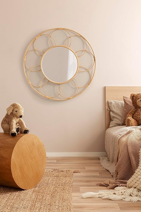 Kate and Laurel Cori Boho Round Mirror; 34 Inch Diameter; Natural; Light Decorative Metal Mirror with Rattan Accenting for Coastal Home Wall Decor