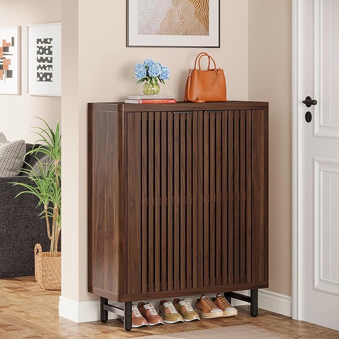 Tribesigns Shoe Cabinet with Shutter Doors, 6-Tier Entryway Shoe Cabinet with Adjustable Shelves, Wooden Modern Rack Organizer for Entryway, Hallway, Closet, Living Room, Dark Walnut