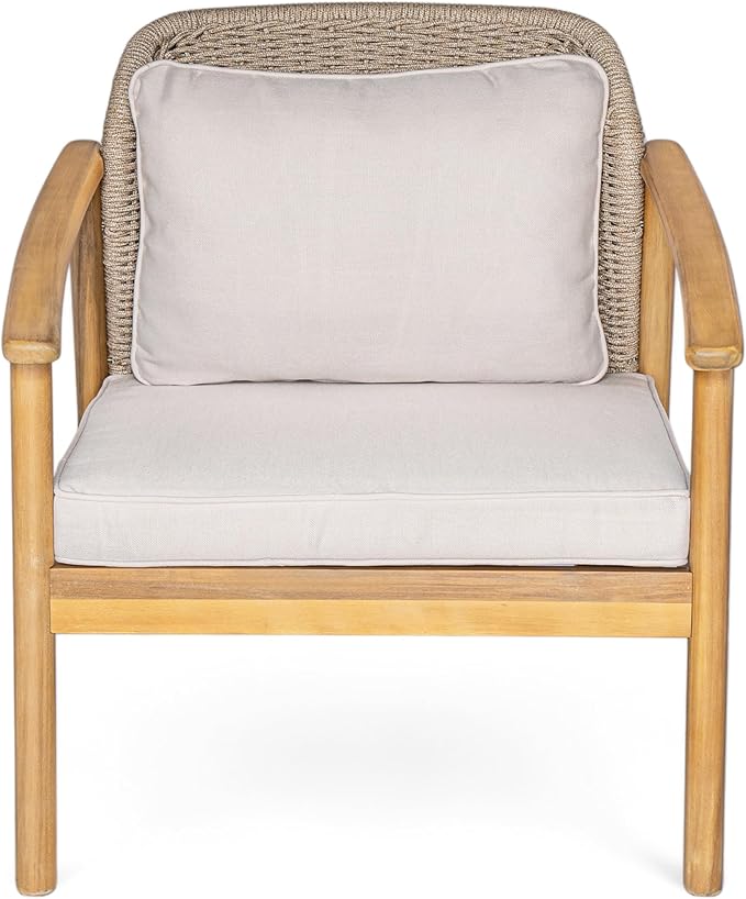 Christopher Knight Home Octavia Outdoor Club Chairs Set of 2, Acacia Wood Accent Chair with Cushion, Woven Rope Backrest Armchair, Solid Wood Frame Chair, Patio Chair for Porch Backyard, Beige+Teak