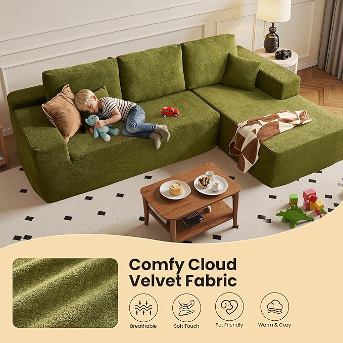104" Cloud Sectional Couch with Chaise, Boneless L-Shaped Cloud Couch with Deep Seat, Modern Minimalist Sofa, Assembly Free Comfy Sofa for Office Living Room Study Room Apartment(Green, Right Chaise)