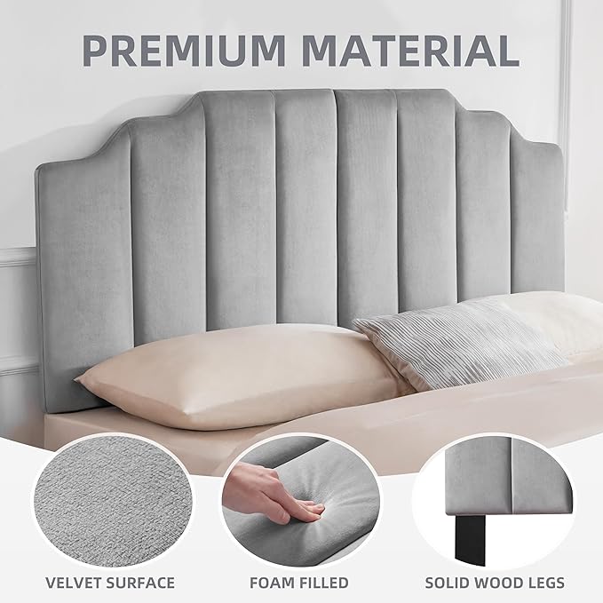 Tufted Headboard, Comfort Velvet Upholstered Headboard, Modern Vertical Channel Design, King Size Bed Compatible, Easy Assembly，Soft Grey