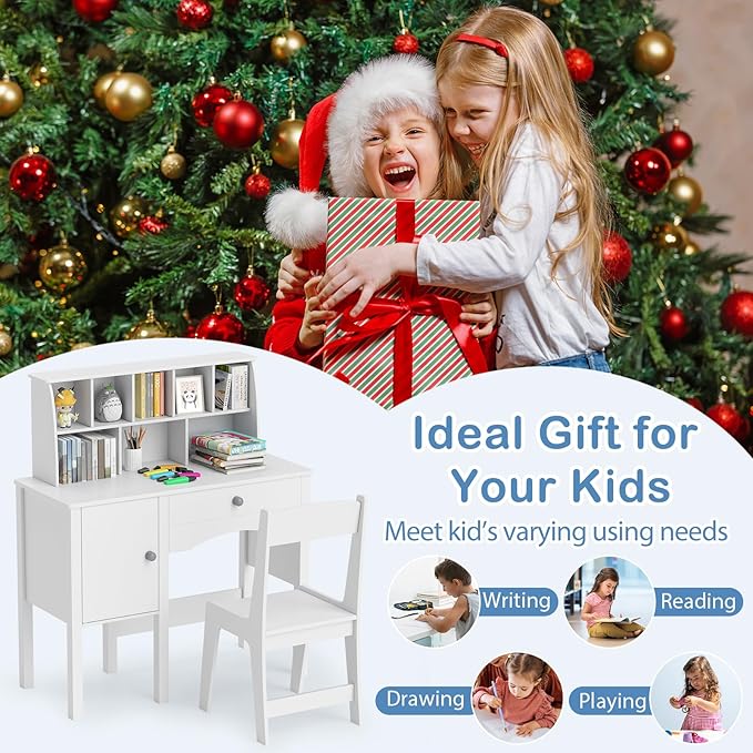 Costzon Kids Desk and Chair Set, Wooden Children Study Desk w/Hutch, Large Cabinet and Drawer for Home School Writing, Reading & Drawing, Computer Workstation Student Table and Chair for 3+ (White)