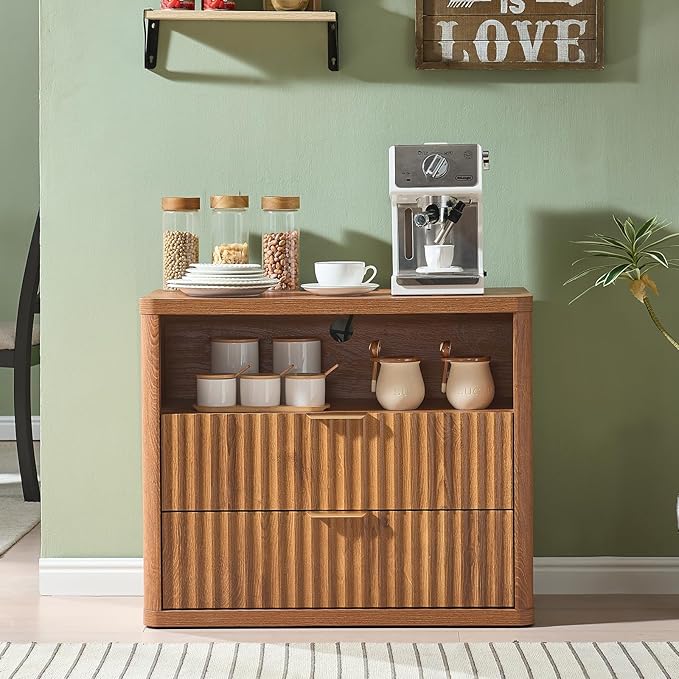 LEYAOYAO 31" Wide Fluted Nightstand with Charging Station, Oversized Extra Large 2 Drawers Night Stand,Brown Wood Bedside Table,Tall Bed Side End Tables,Modern Chest of Drawers Dressers for Bedroom