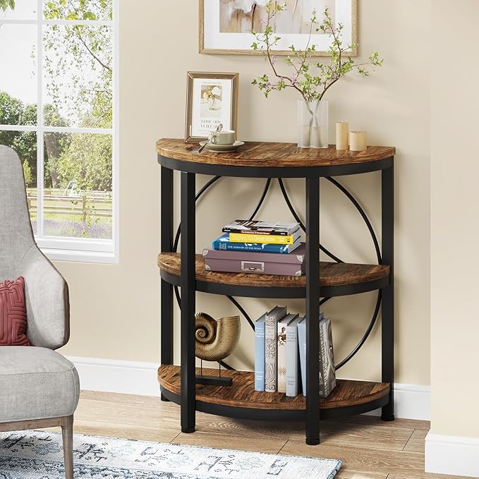 Tribesigns Half Round End Table for Living Room Set of 2, 3-Tier Half Side Table with Metal Frame, Industrial Half Moon Table, Half Circle Accent Table for Entryway, Bedroom, Rustic Brown