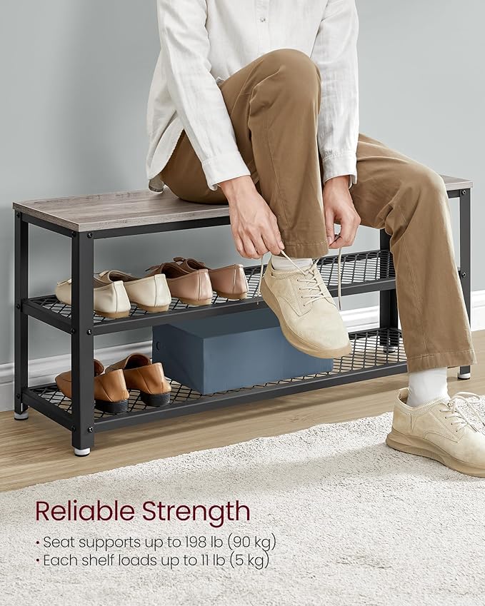 VASAGLE, 3-Tier Shoe Rack, Shelf Storage Bench with Metal Mesh Shelves and Seat, Free Standing Shoe Organizer for Entryway, 11.8 x 39.4 x 17.7 Inches, Greige and Black ULBS078K01