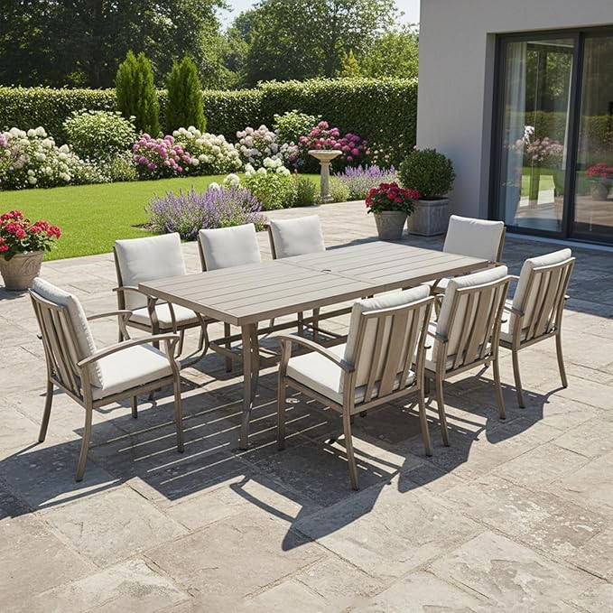 9-Piece Outdoor Dining Set, Aluminum Patio Dining Set with 2.2" Umbrella Hole, Outdoor Table and Chairs with Thick Cushions, Patio Furniture Sets for Decks, Lawn, Garden, Backyard, Limed Oak