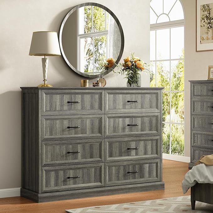 CARPETNAL Farmhouse Dresser and Nightstand Sets for Bedroom, 4 Pcs Bedroom Set, 5 Drawer & 8 Drawer Dresser and Nightstand Set of 2, Wood Chest of Drawers for Living Room, Entryway, Grey