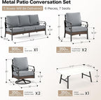 6 Piece Metal Outdoor Patio Furniture Set, Patio Conversation Set - 1 3-Seater Sofa and 2 Swivel Sofas with 5.75" Thick Cushions & Coffee Table - Black and Gray Backyard Furniture