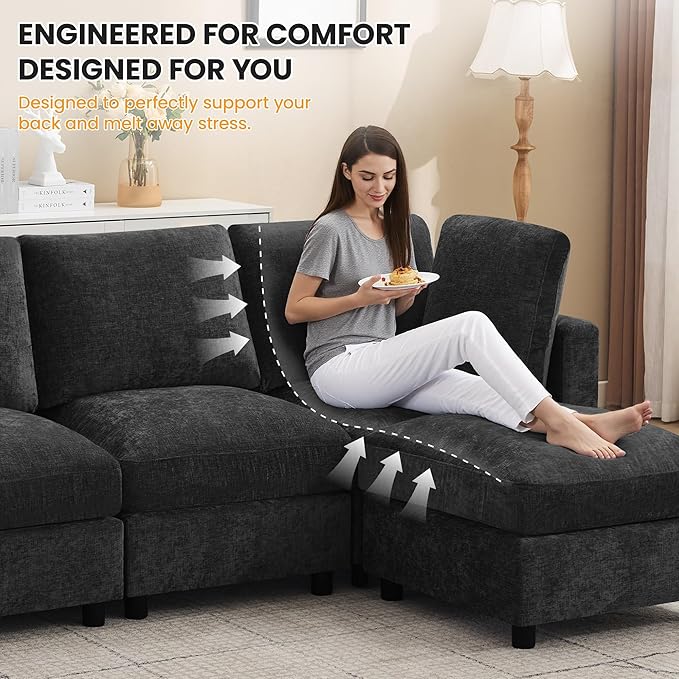 3-Seater Modular Sectional Cloud Sofa with Ottoman, L-Shaped Couch for Living Room, Modern Convertible Deep Seats Sofa, Chenille Dark Grey