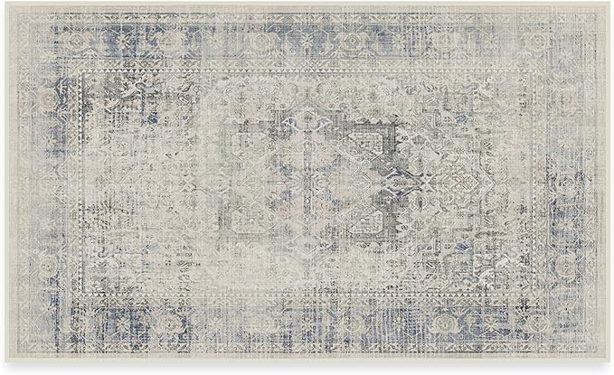 RUGGABLE Washable Vintage Area Rug – Kamran Blue Quartz 3x5, Stain-Resistant, Non-Slip – Small Machine Washable Rugs for Living Room, Bedroom, Hallway, Entryway & Office–with Cushioned Pad