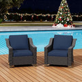 Patio 2 Pieces Wicker Chairs Set of 2，Outdoor PE Rattan Armchairs, Water-Resistant Cushions with Removable and Washable Covers, Porch, Balcony, Sunroom (Navy Blue)