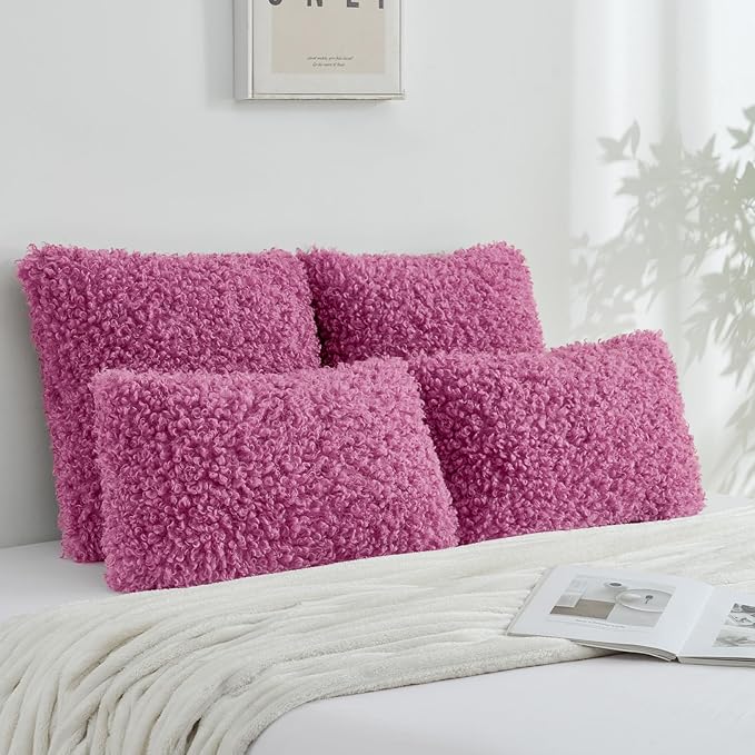 FUTEI Hot Pink Decorative Throw Pillow Covers 20x20 Inch Set of 2,Soft Fluffy Faux Wool Fur Boucle Textured Cushion Case,Modern Home Decor for Couch Bed Living Room Office