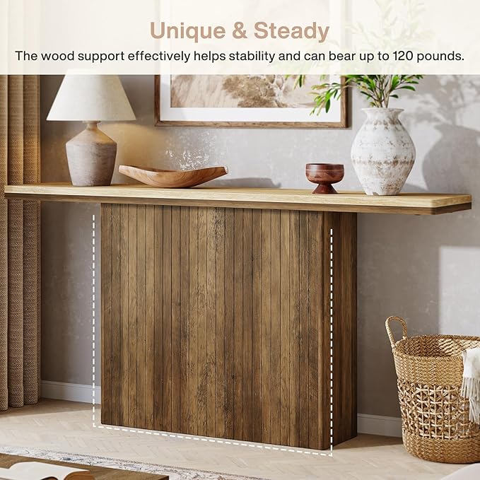 Tribesigns Farmhouse Fluted Console Table for Entryway, 63-Inch Long Wooden Sofa Table Behind Couch for Living Room, Foyer, Hallway, Rustic Brown & Natural