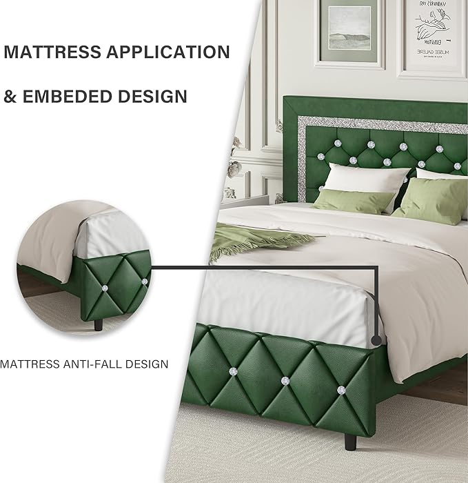 BarnFurin Twin Bed Frames with Headboard, Upholstered Bed with Diamond Tufted Design, Modern Platform Bed with Wooden Slats Support, No Box Spring Required, Easy Assembly, Green
