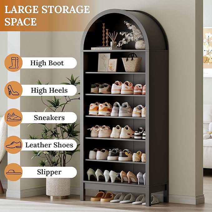 70" Tall Arched Shoe Cabinet, 7-Tier Shoe Rack with 3 Adjustable Shelves, Large Freestanding Shoe Organizer for Entryway, Closet, Hallway, Living Room (Midnight Black)
