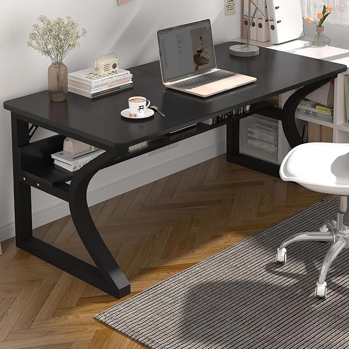StarGraph Computer Desk 47'' Large Home Office Desk with Sturdy Metal Frame U Shaped Modern Computer Desks with Storage Study Writing Office Work from Home Desks (Black, 47 inch)