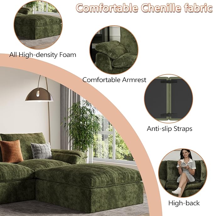 EASE MOOSE Oversized Boneless Sectional Couch-8-Seat, Corner V-Shaped Deep-Seat Modular Cloud Sofa, No-Assembly Chenille Sofa for Living Room, Green